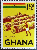 Марка почтовая (1⅟₂ p.). "Экспорт древесины твердых пород". 1959 год, Гана.