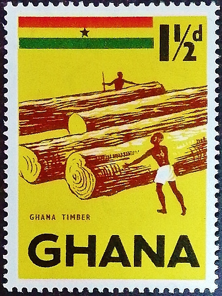 Марка почтовая (1⅟₂ p.). "Экспорт древесины твердых пород". 1959 год, Гана.