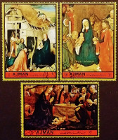 Набор марок (3 шт.) с блоком. "Рождество 1972: картины(V)". 1972 год, Аджман.