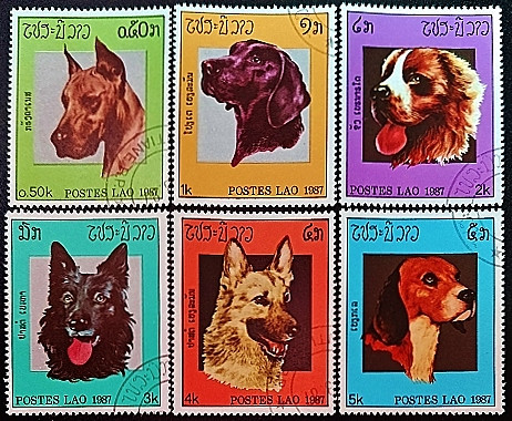 Набор почтовых марок (6 шт.). "Собаки". 1987 год, Лаос.