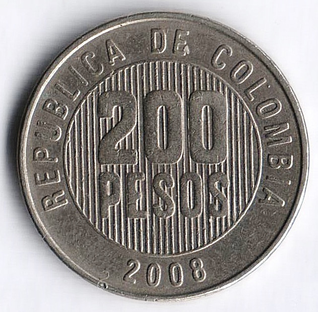 Монета 200 песо. 2008 год, Колумбия.