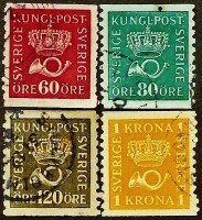 Набор почтовых марок (4 шт.). "Корона и почтовый рог". 1920-1934 годы, Швеция.