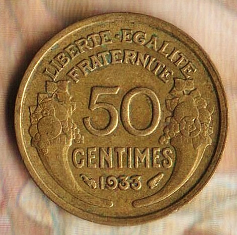Монета 50 сантимов. 1933 год, Франция. Тип I.
