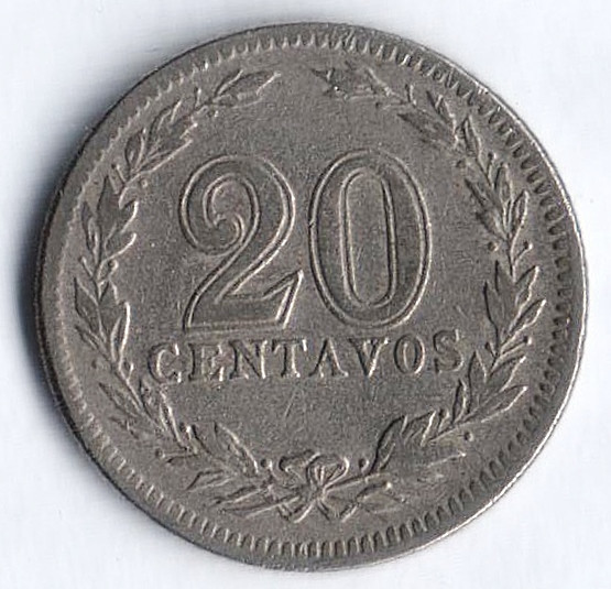 Монета 20 сентаво. 1938 год, Аргентина.