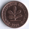 Монета 1 пфенниг. 1991 год (J), ФРГ.