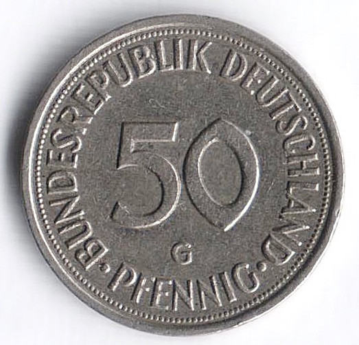 Монета 50 пфеннигов. 1983(G) год, ФРГ.