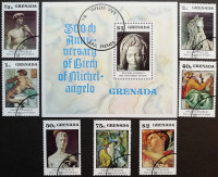 Набор почтовых марок (7 шт.) с блоком. "500 лет со дня рождения Микеланджело". 1975 год, Гренада.
