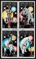 Набор почтовых марок в сцепке (4 шт.). "Цирк". 1978 год, ГДР.