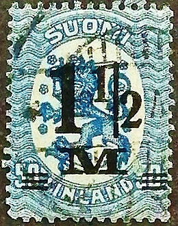 Почтовая марка (1⅟₂ m.). "Герб 1917". 1921 год, Финляндия.