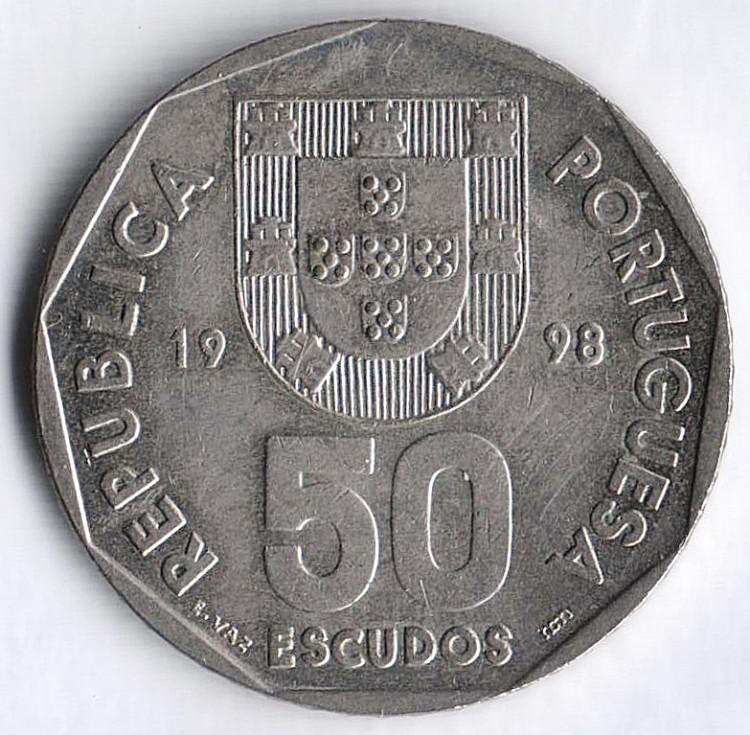 Монета 50 эскудо. 1998 год, Португалия.