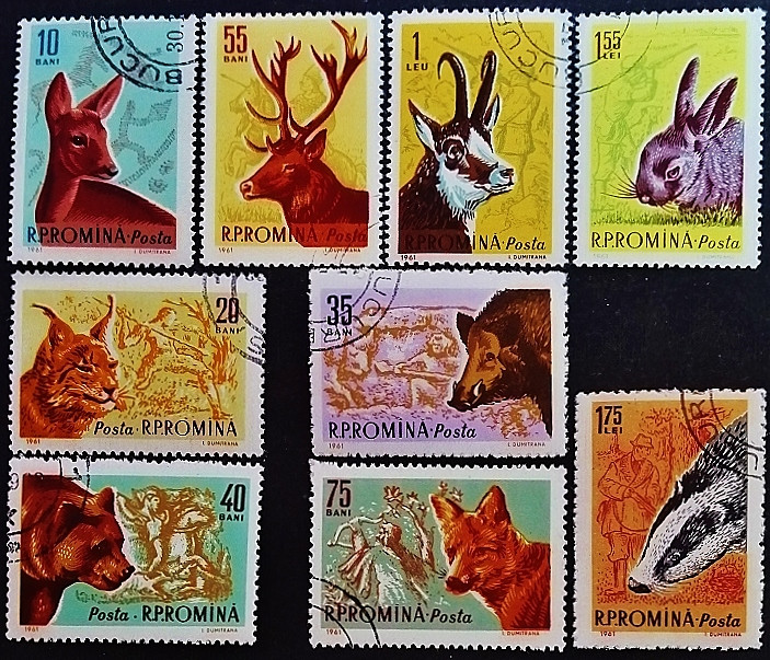 Набор почтовых марок (9 шт.). "Лесные животные". 1961 год, Румыния.