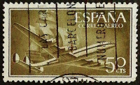 Почтовая марка (50 c.). "Самолет и каравелла". 1956 год, Испания.