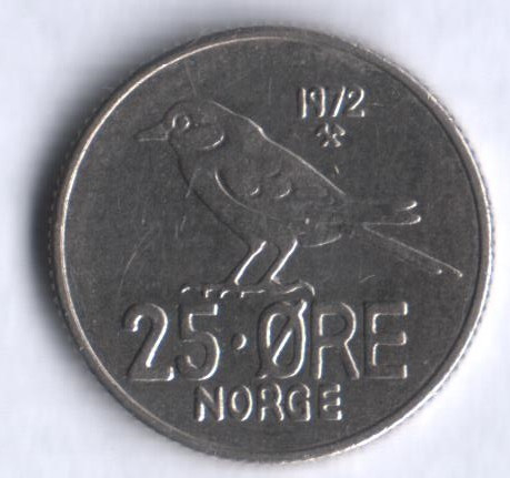Монета 25 эре. 1972 год, Норвегия.