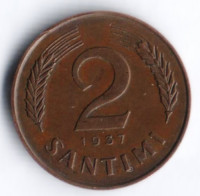 Монета 2 сантима. 1937 год, Латвия.