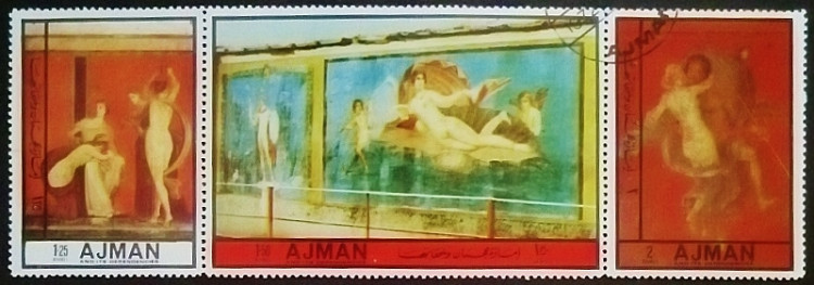 Сцепка марок (3 шт.). "Помпеи: картины ню". 1972 год, Аджман. Сцепка марок (3 шт.). "Помпеи: картины ню". 1972 год, Аджман.