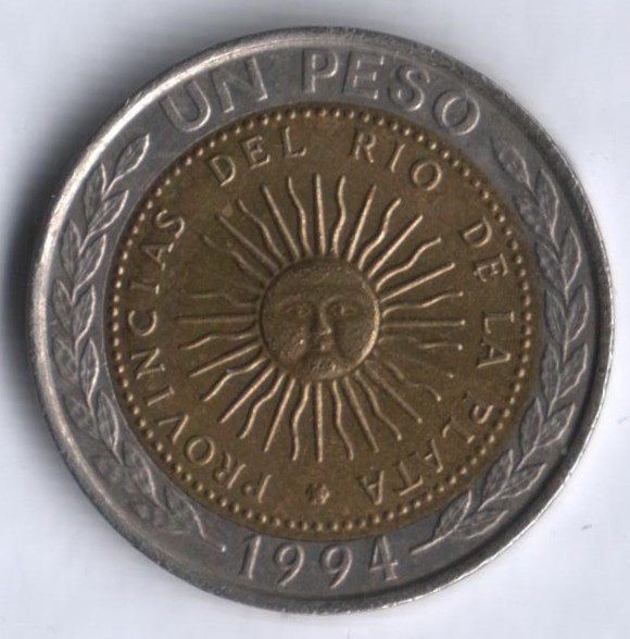 Монета 1 песо. 1994 год "А", Аргентина. Дизайн первой аргентинской монеты.