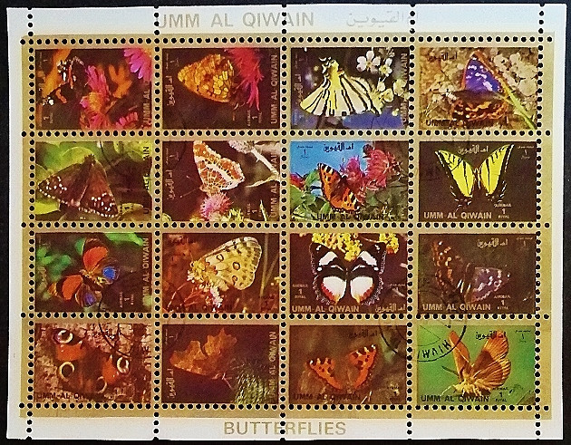 Блок марок (16 шт.). "Бабочки (малый формат)". 1972 год, Умм аль-Кувейн.