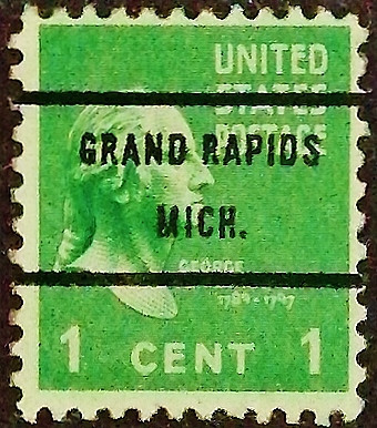 Почтовая марка (1 c.). "Президентский выпуск". 1938 год, США. Предварительное гашение "GRAND RAPIDS/MICH.". Почтовая марка (1 c.). "Президентский выпуск". 1938 год, США. Предварительное гашение "GRAND RAPIDS/MICH.".