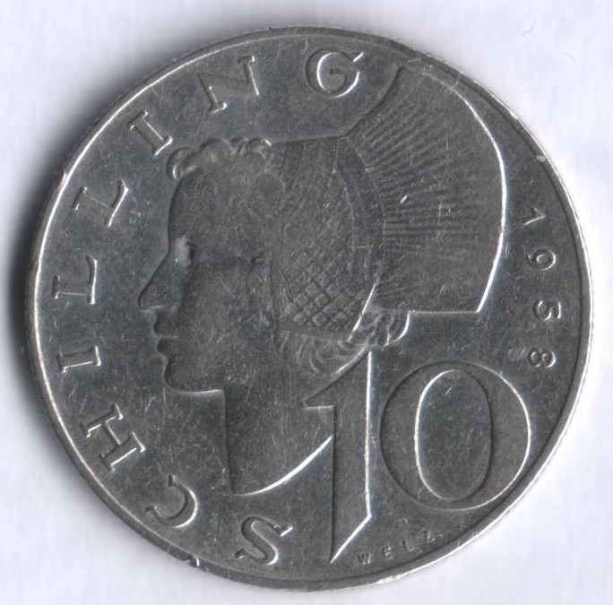 Монета 10 шиллингов. 1958 год, Австрия.
