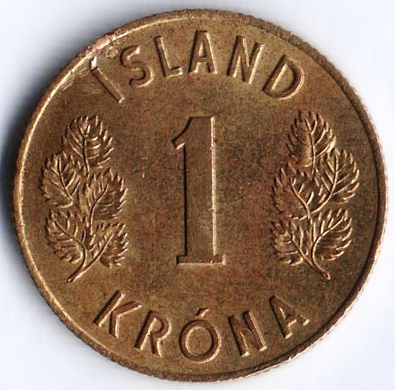 Монета 1 крона. 1966 год, Исландия.