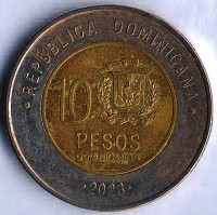 Монета 10 песо. 2023 год, Доминиканская Республика. Монета 10 песо. 2023 год, Доминиканская Республика.