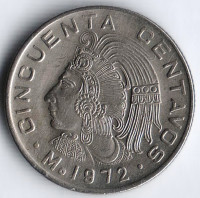 Монета 50 сентаво. 1972 год, Мексика. Куаутемок.