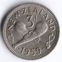 Монета 3 пенса. 1959 год, Новая Зеландия.