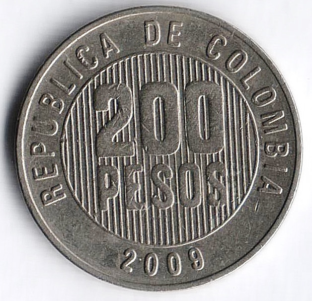 Монета 200 песо. 2009 год, Колумбия.
