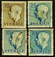 Набор почтовых марок (4 шт.). "Король Густав VI Адольф (цветная надпись)". 1951-1957 годы, Швеция.