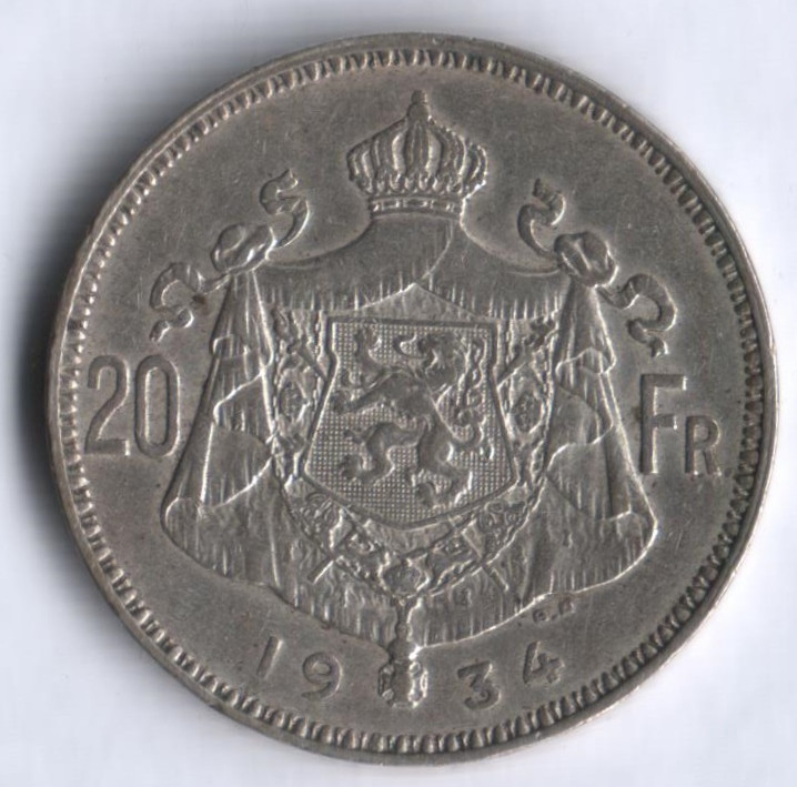 Монета 20 франков. 1934 год, Бельгия (Der Belgen).