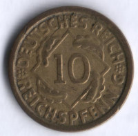 Монета 10 рейхспфеннигов. 1924 год (G), Веймарская республика.