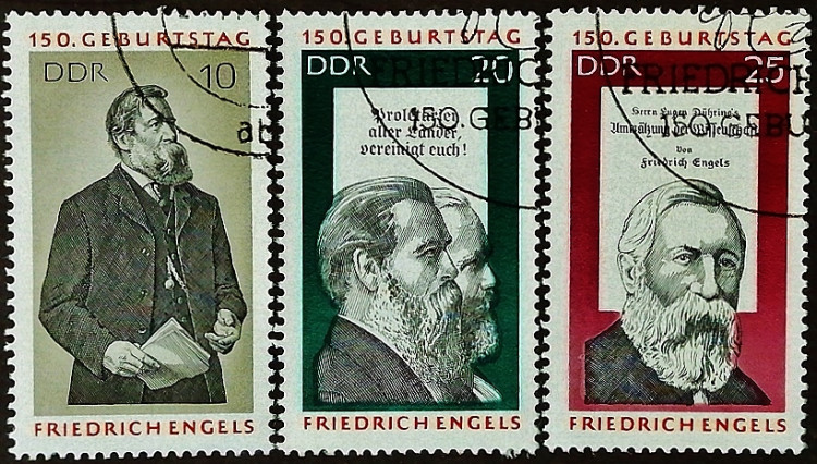 Набор почтовых марок (3 шт.). "150 лет со дня рождения Фридриха Энгельса". 1970 год, ГДР.