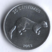 Монета 25 сантимов. 2002 год, Конго. Мангуст.