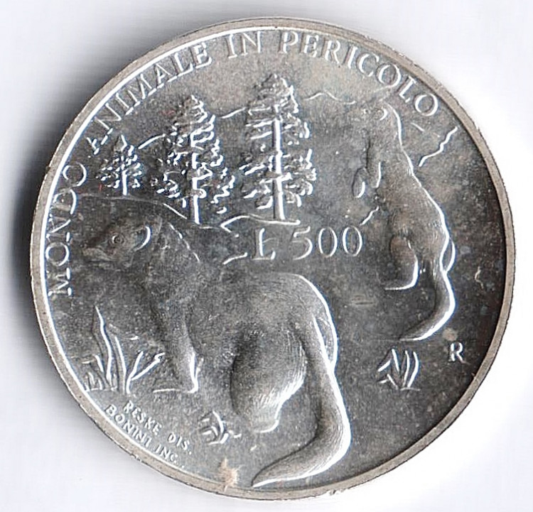 Монета 500 лир. 1993 год, Сан-Марино. Европейские хорьки.