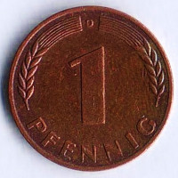 Монета 1 пфенниг. 1969(D) год, ФРГ.