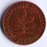 Монета 1 пфенниг. 1969(D) год, ФРГ.