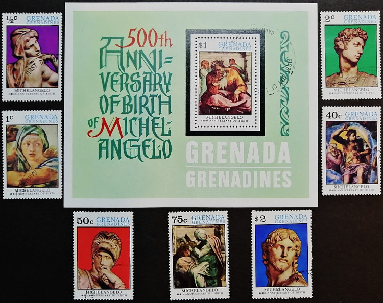 Набор почтовых марок (7 шт.) с блоком. "500 лет со дня рождения Микеланджело". 1975 год, Гренадины (Гренада).