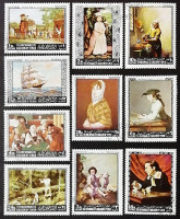 Набор почтовых марок (10 шт.) с блоками (2 шт.). "Картины американских и европейских мастеров". 1968 год, Йемен (МК).