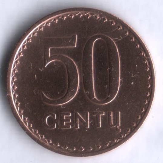 Монета 50 центов. 1991 год, Литва.