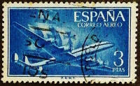 Почтовая марка (3 ps.). "Самолет и каравелла". 1956 год, Испания.
