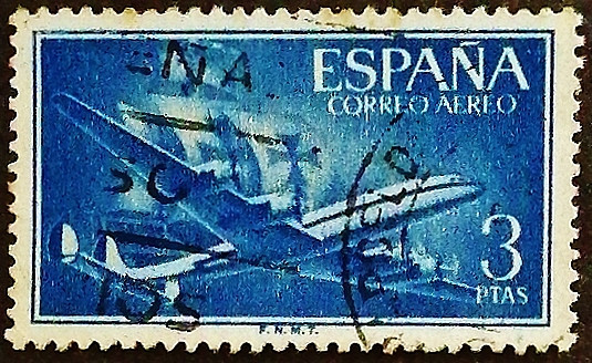 Почтовая марка (3 ps.). "Самолет и каравелла". 1956 год, Испания.