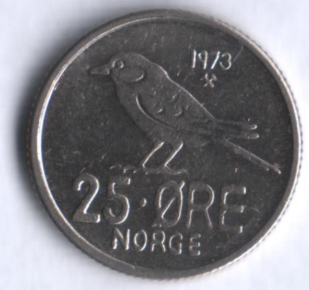 Монета 25 эре. 1973 год, Норвегия.