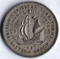 Монета 25 центов. 1957 год, Британские Карибские Территории.