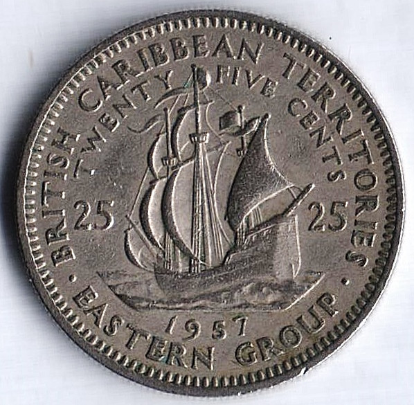 Монета 25 центов. 1957 год, Британские Карибские Территории.