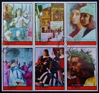 Набор марок (24 шт.) с блоком. "Картины и фрески Рафаэля". 1972 год, Аджман.
