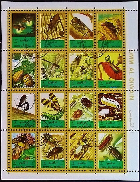 Блок марок (16 шт.). "Насекомые (малый формат)". 1972 год, Умм аль-Кувейн.