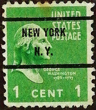 Почтовая марка (1 c.). "Президентский выпуск". 1938 год, США. Предварительное гашение "NEW YORK/N.Y.".