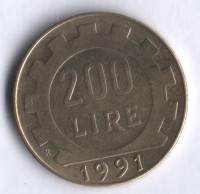 Монета 200 лир. 1991 год, Италия.