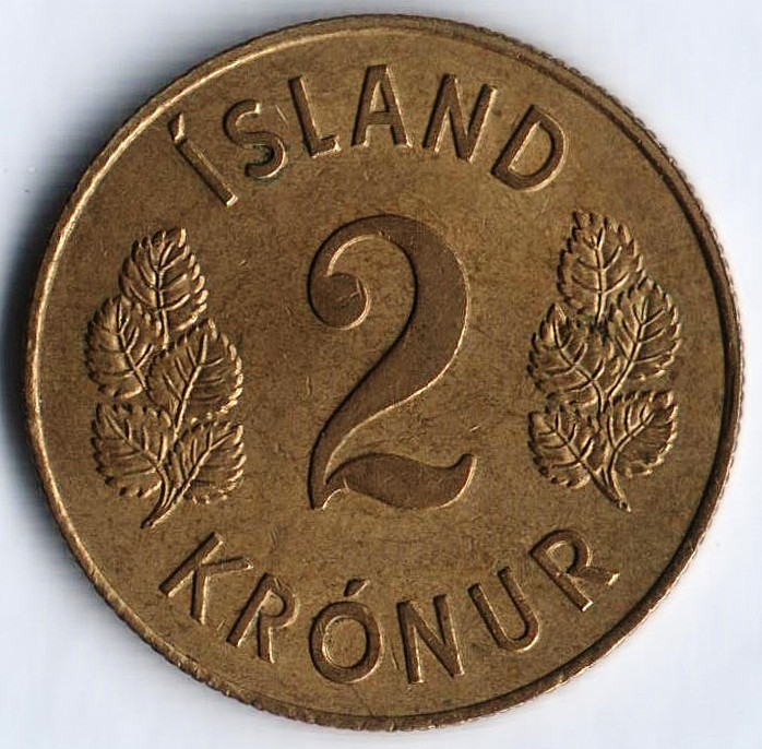 Монета 2 кроны. 1966 год, Исландия.