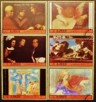 Набор марок (6 шт.) с блоком. "Картины итальянских мастеров". 1972 год, Аджман.